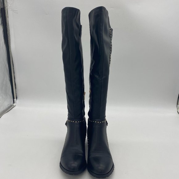 Black Round Toe Pull On Studs Low Stacked Heel Knee High Boots - Picture 2 of 10